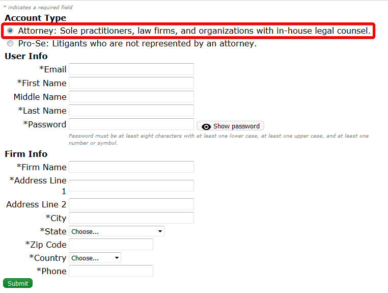 Attorney/Firm Account Registration